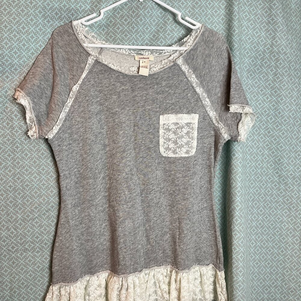 Women's Grey Sundance short slv lace embellished T shirt Size M